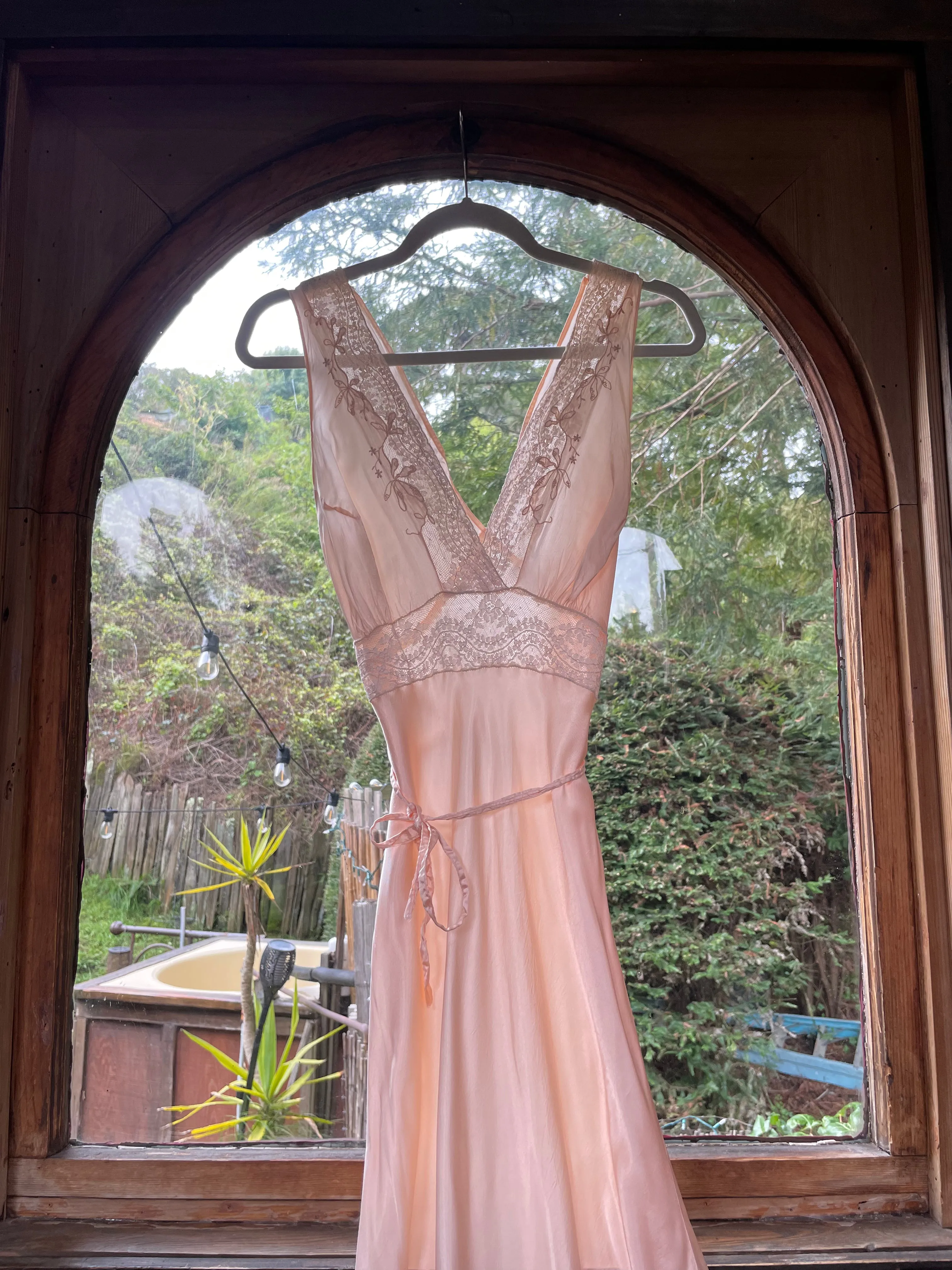 1940s Inset Lace Rayon Ballet Pink Bias Cut Slip Dress