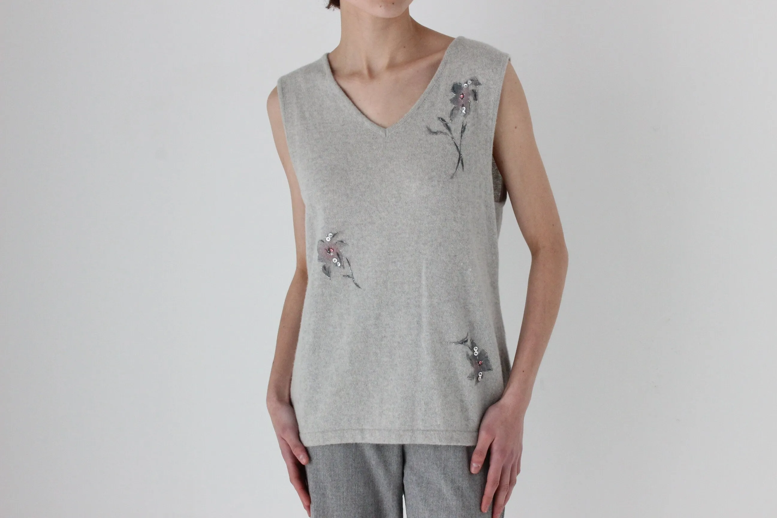 80s Italian Vintage Wool & Angora Sweater Vest w/ Hand Painted Flowers