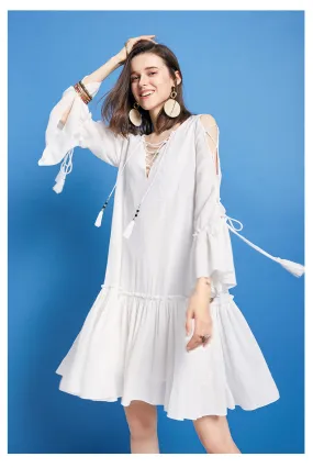 ARTKA EMBROIDERY FRILL SLEEVE MINI SMOCK DRESS WITH PEP HEM