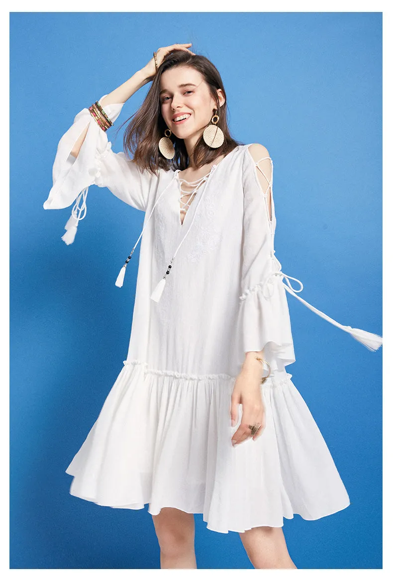 ARTKA EMBROIDERY FRILL SLEEVE MINI SMOCK DRESS WITH PEP HEM
