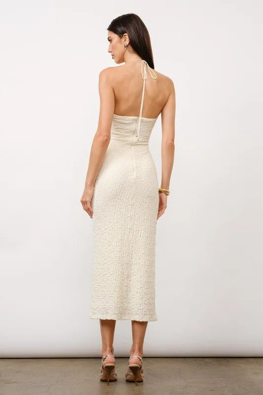 Audrina Ivory Twist-Front Halter Midi Dress