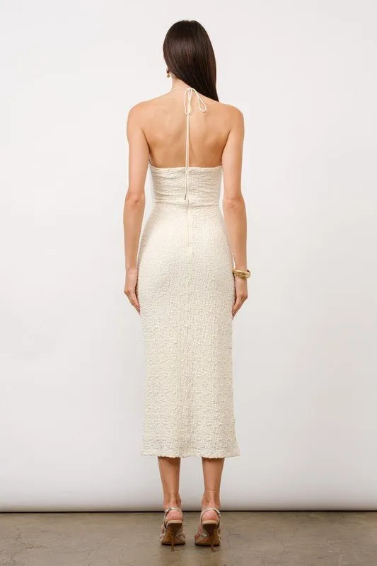 Audrina Ivory Twist-Front Halter Midi Dress