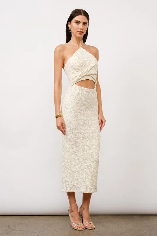 Audrina Ivory Twist-Front Halter Midi Dress
