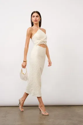 Audrina Ivory Twist-Front Halter Midi Dress