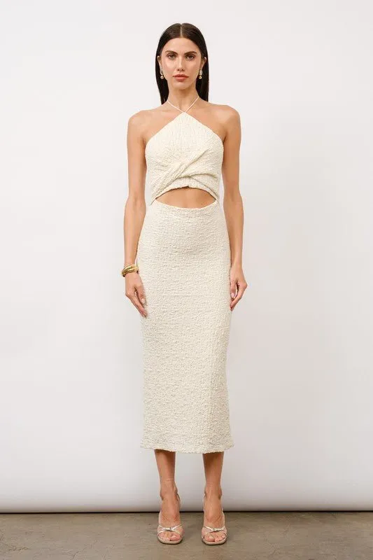 Audrina Ivory Twist-Front Halter Midi Dress