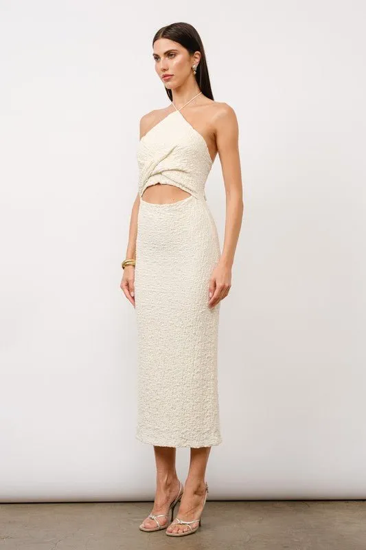Audrina Ivory Twist-Front Halter Midi Dress