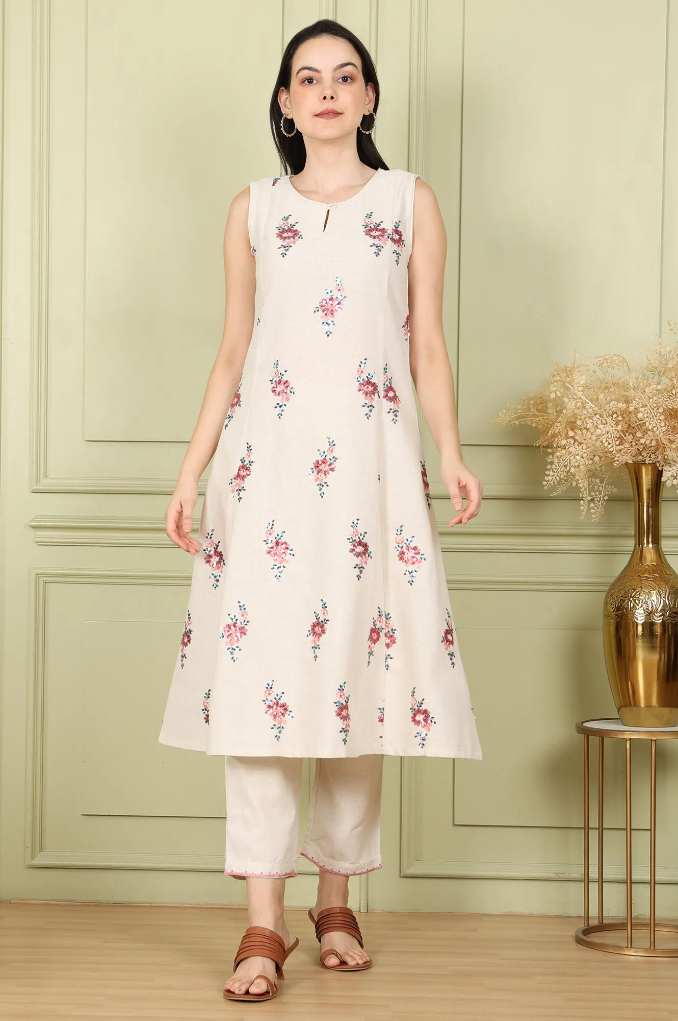 Beige Sleeveless Panelled Floral Sequined Linen Blend Flared Kurta With Straight Pants Set
