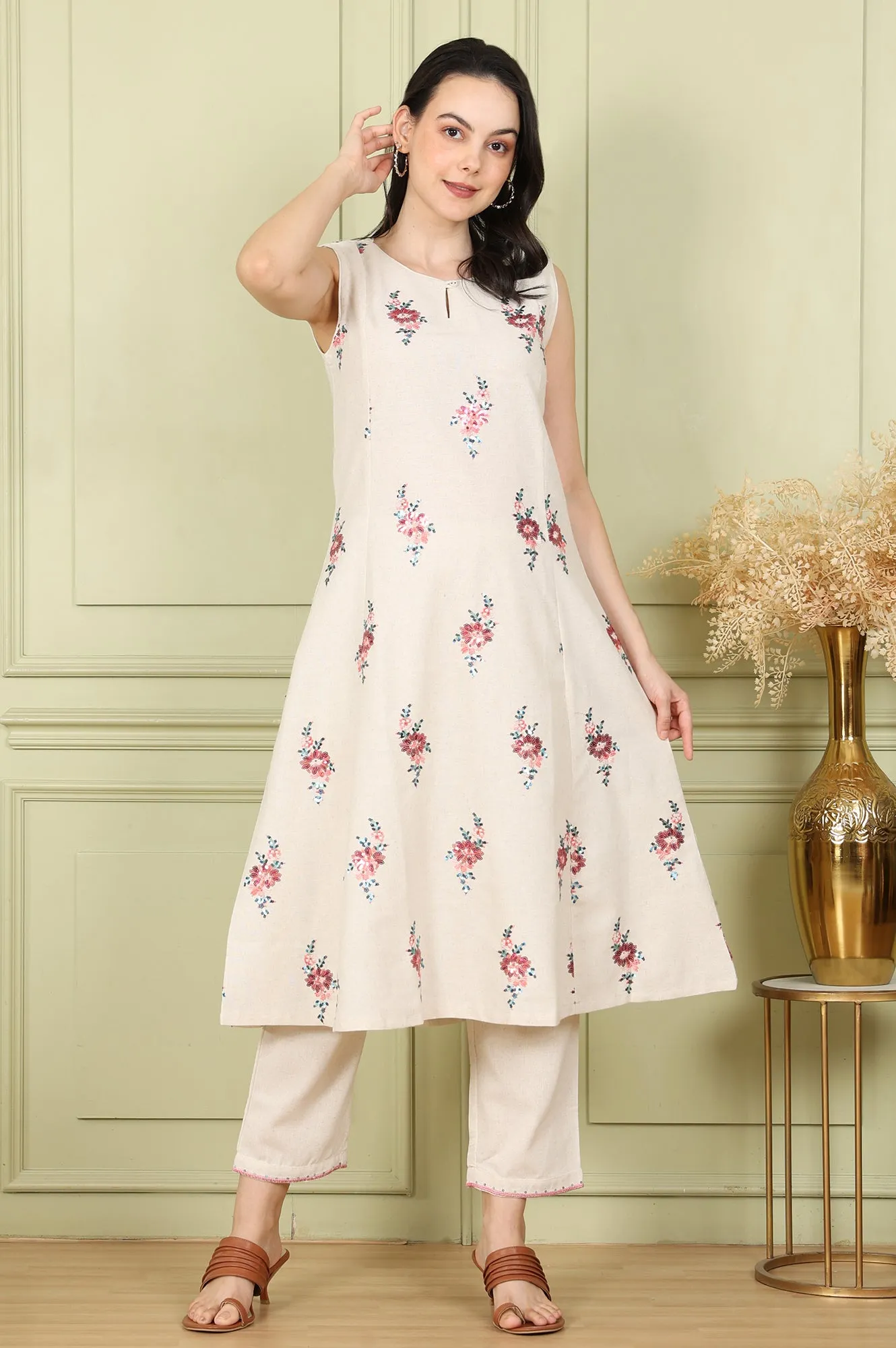 Beige Sleeveless Panelled Floral Sequined Linen Blend Flared Kurta With Straight Pants Set