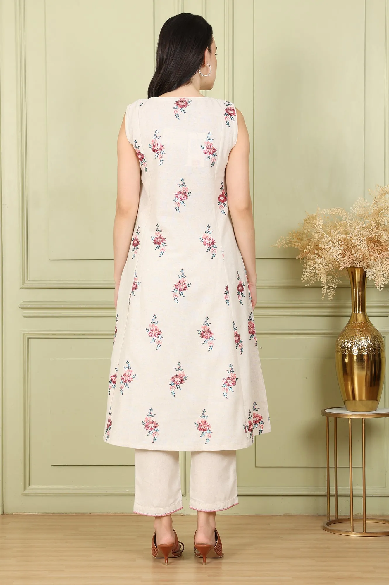 Beige Sleeveless Panelled Floral Sequined Linen Blend Flared Kurta With Straight Pants Set
