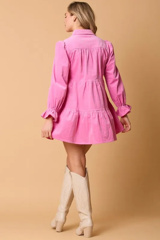 Coquette Corduroy Shirt Dress With Bow Tacking