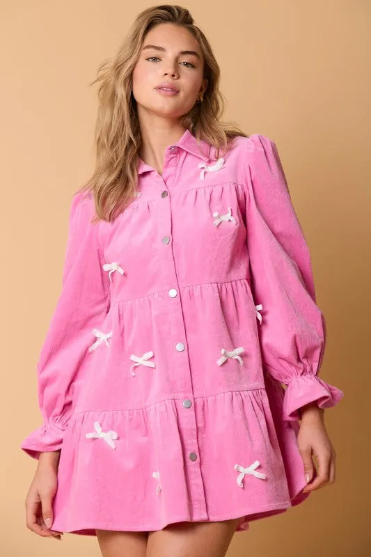 Coquette Corduroy Shirt Dress With Bow Tacking