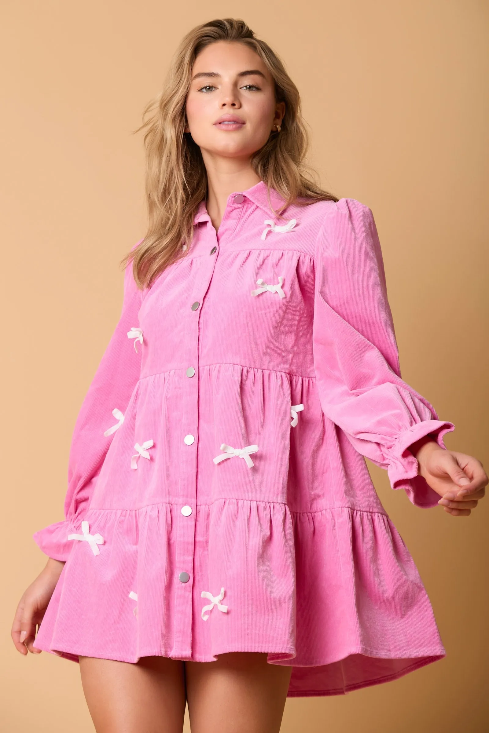 Coquette Corduroy Shirt Dress With Bow Tacking