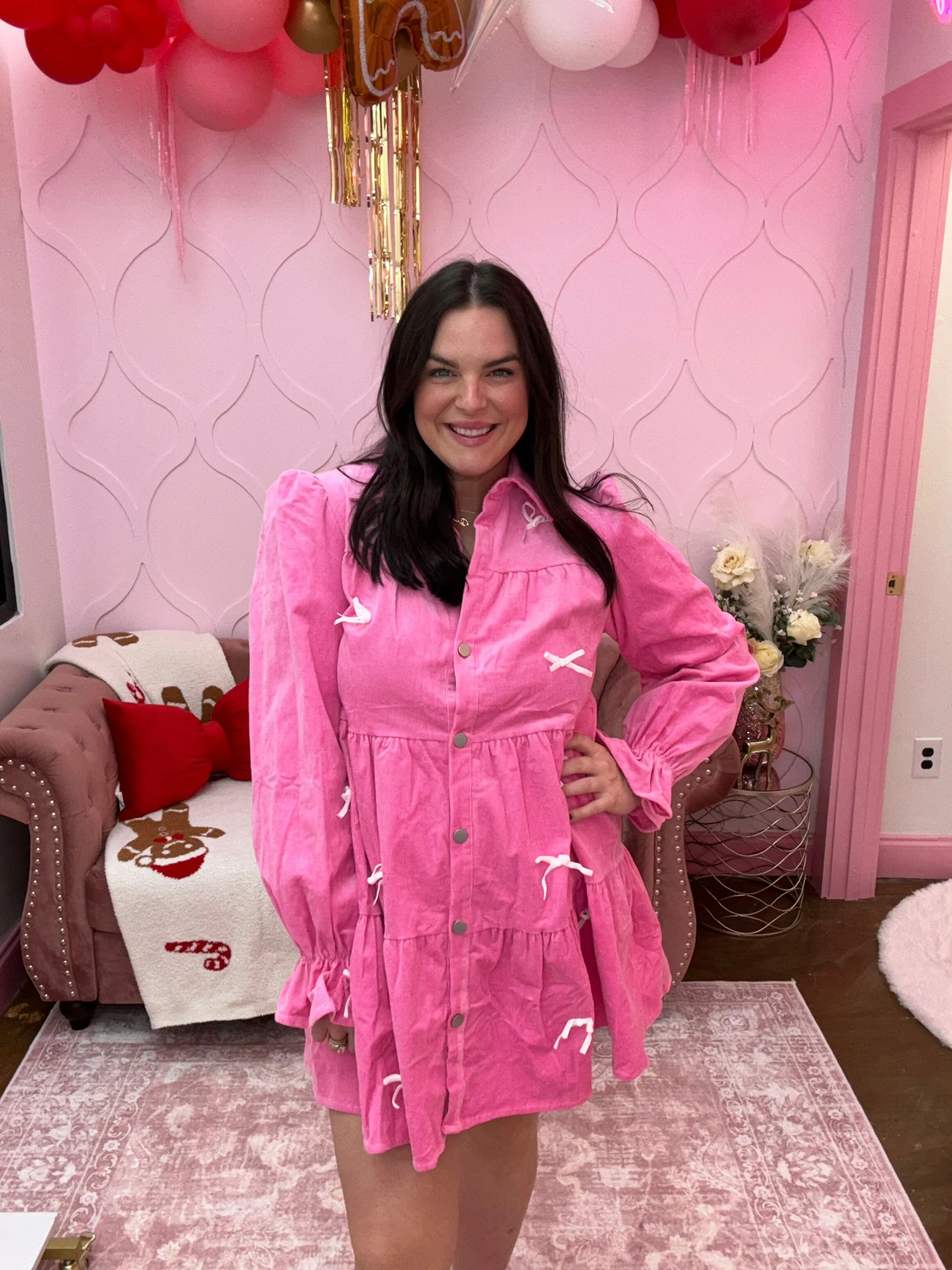 Coquette Corduroy Shirt Dress With Bow Tacking