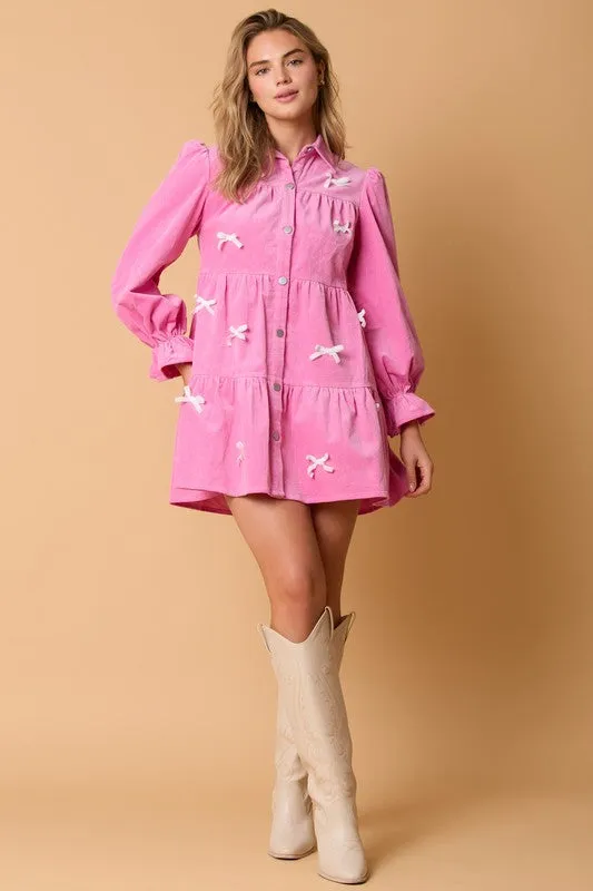 Coquette Corduroy Shirt Dress With Bow Tacking