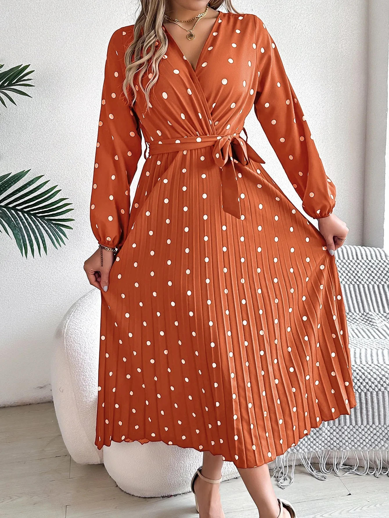 Elegant Contrast Color Polka Dot Cross V-neck Pleated Maxi Dress For Women