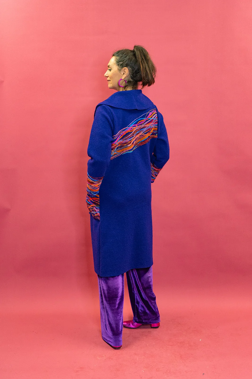 Embellished Long Wool Coat in Purple