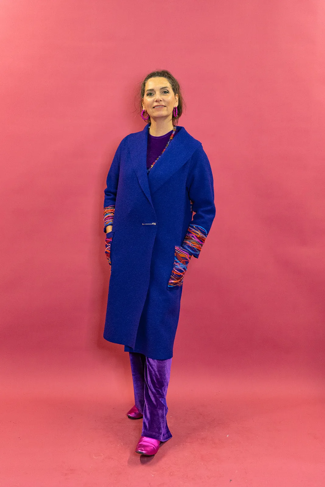 Embellished Long Wool Coat in Purple
