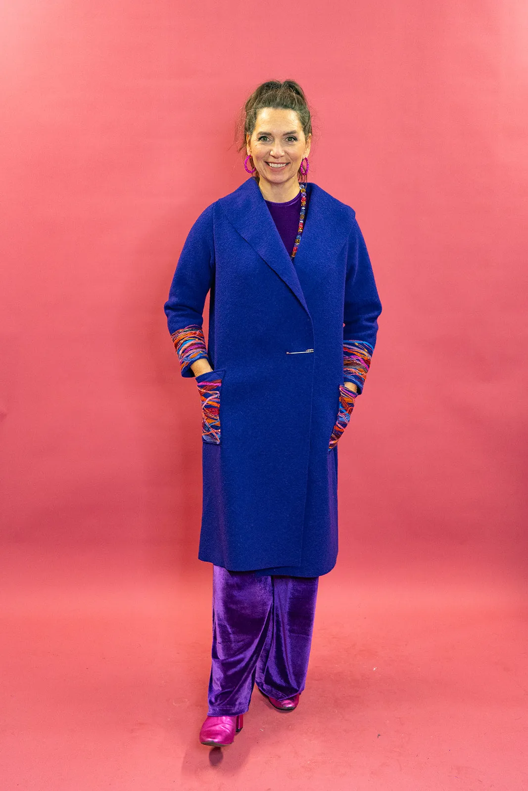 Embellished Long Wool Coat in Purple