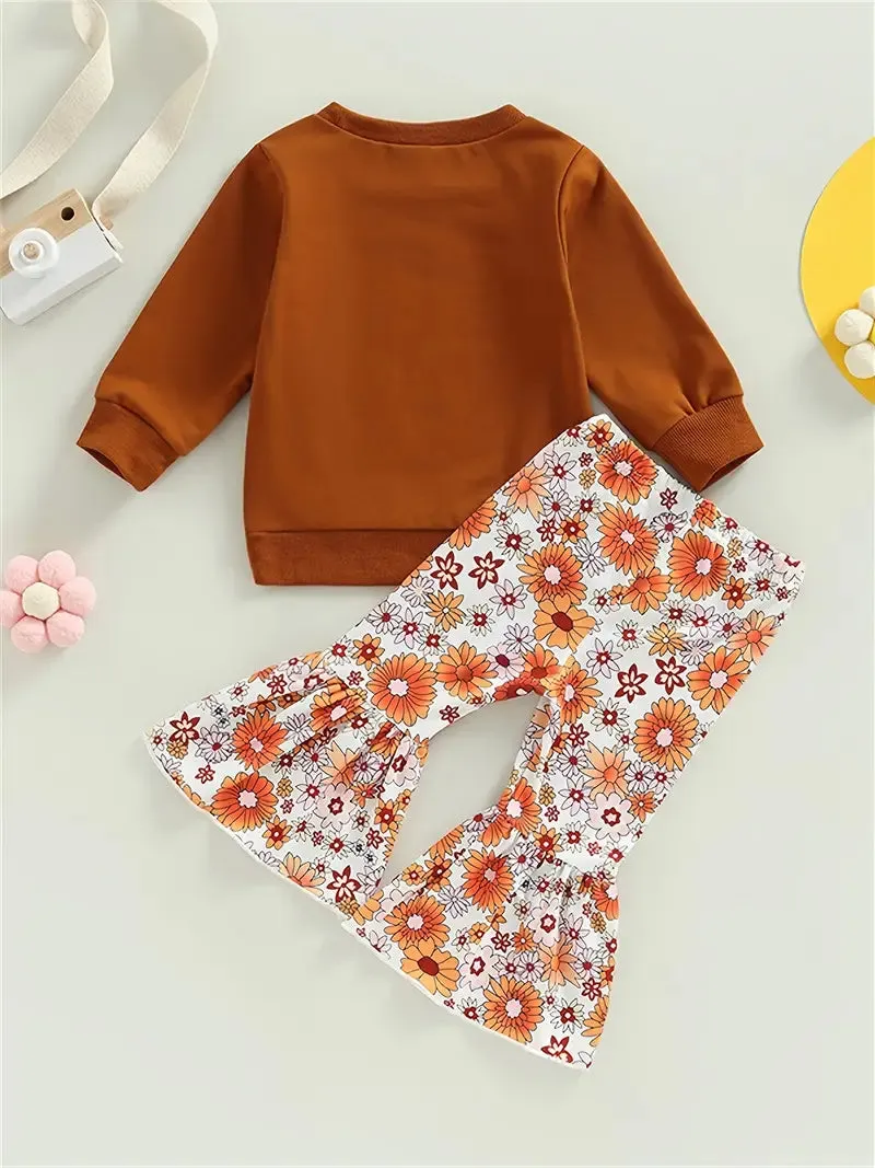 Girls Casual Cute Horse Head Print Sweatshirt & Floral Print Flared Pants Set