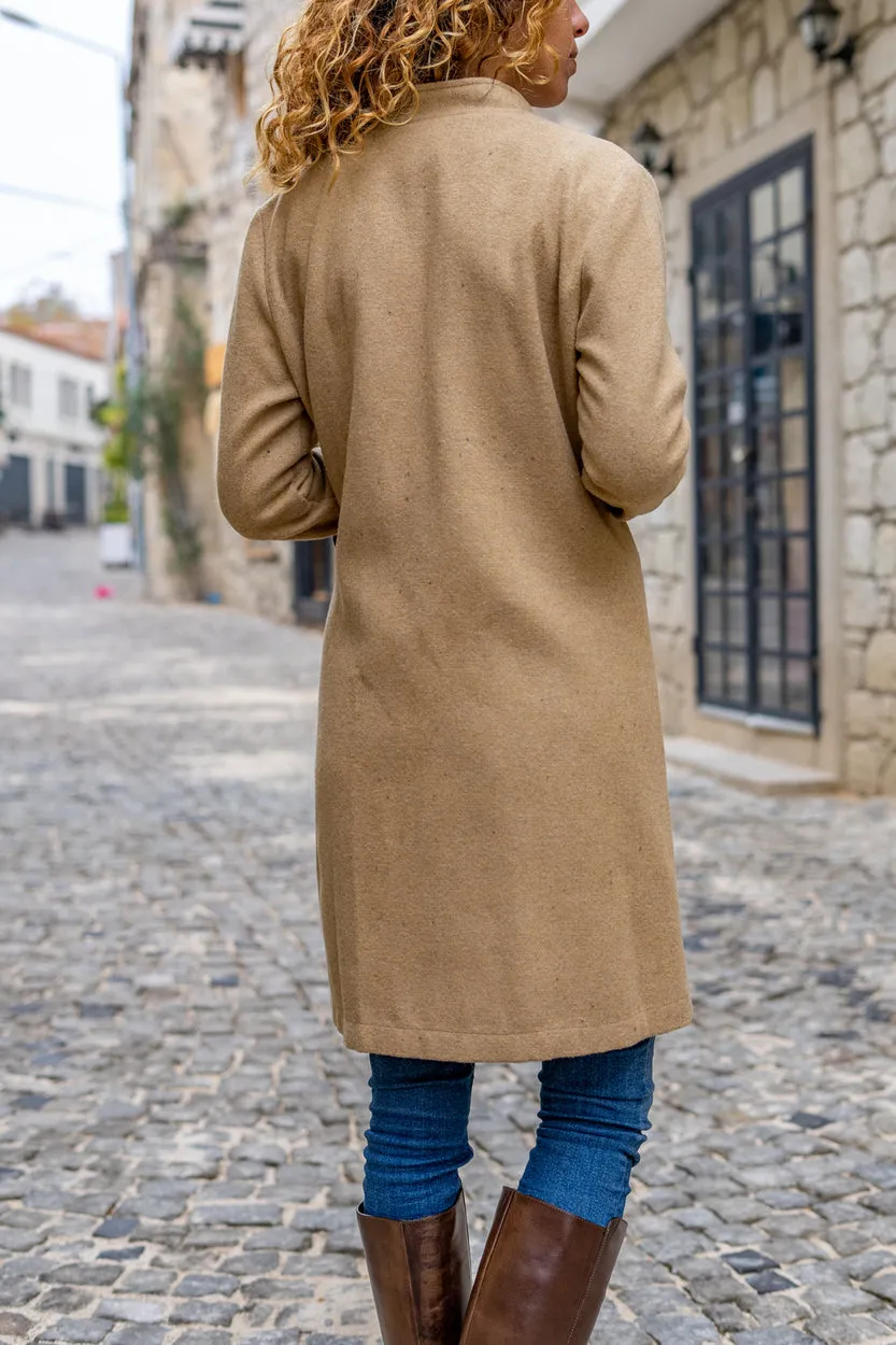 GNS Women's Camel Leather Buckled Chain Detailed Stand Collar Coat Bst3319 - Youngstown