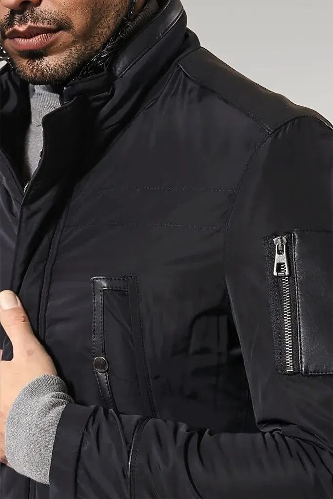 Leather Modeled Navy Blue Slim Fit Quilted Jacket - Wessi