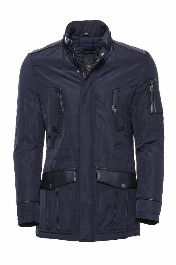 Leather Modeled Navy Blue Slim Fit Quilted Jacket - Wessi