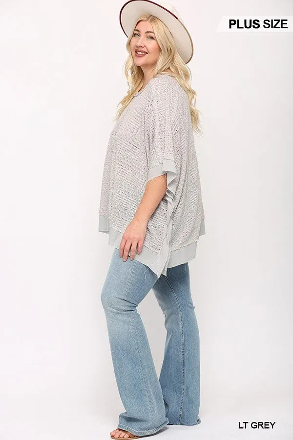 Light Knit and Woven Mixed Boxy Top with Poncho Sleeve