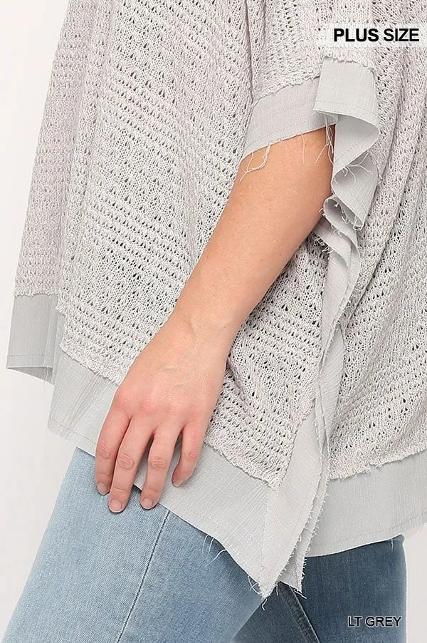 Light Knit and Woven Mixed Boxy Top with Poncho Sleeve