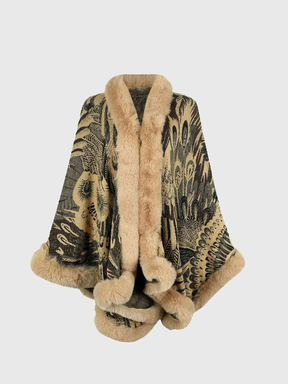 Luxurious Feel Open Front Faux Fur Trim Poncho