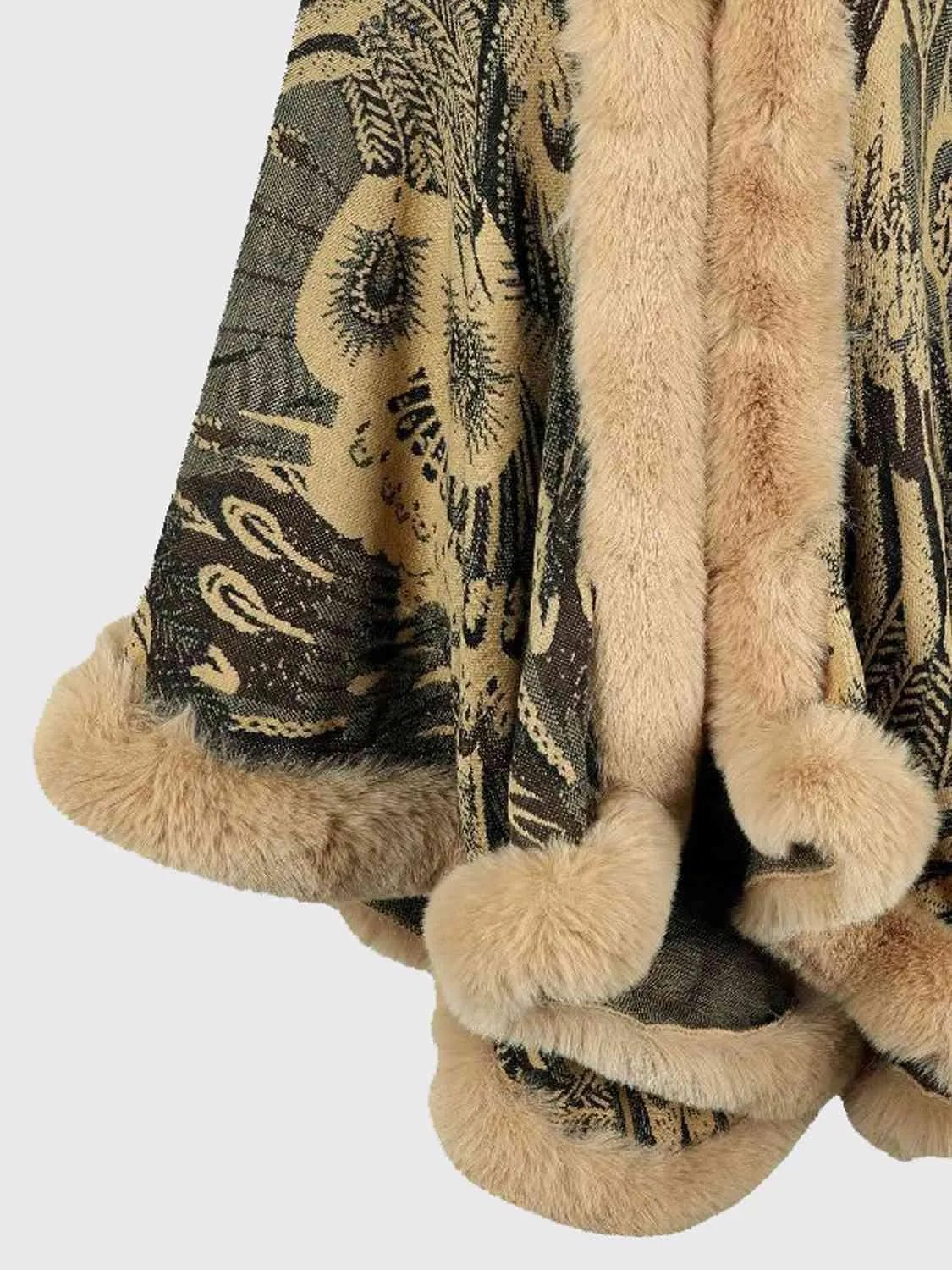 Luxurious Feel Open Front Faux Fur Trim Poncho