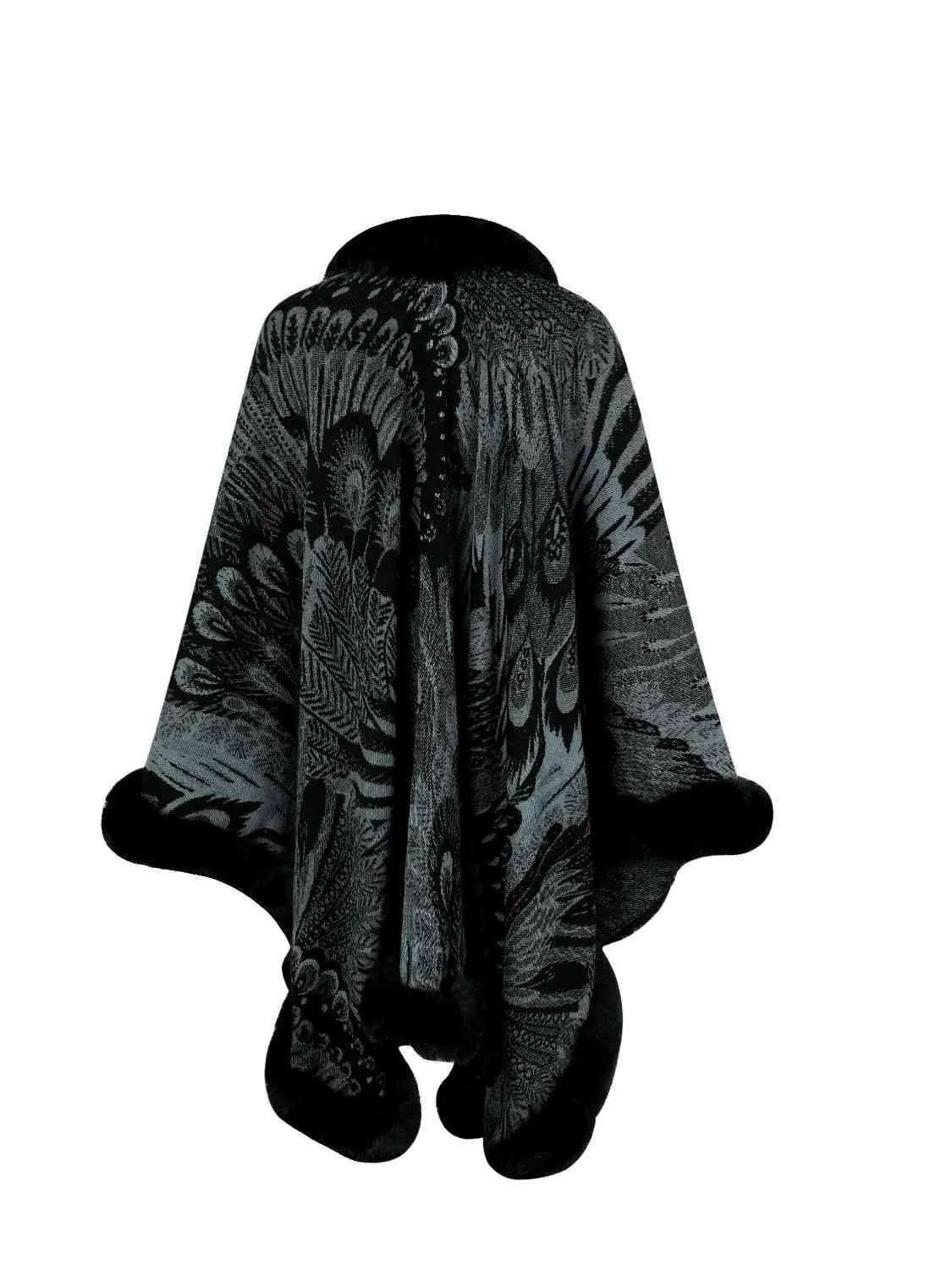 Luxurious Feel Open Front Faux Fur Trim Poncho