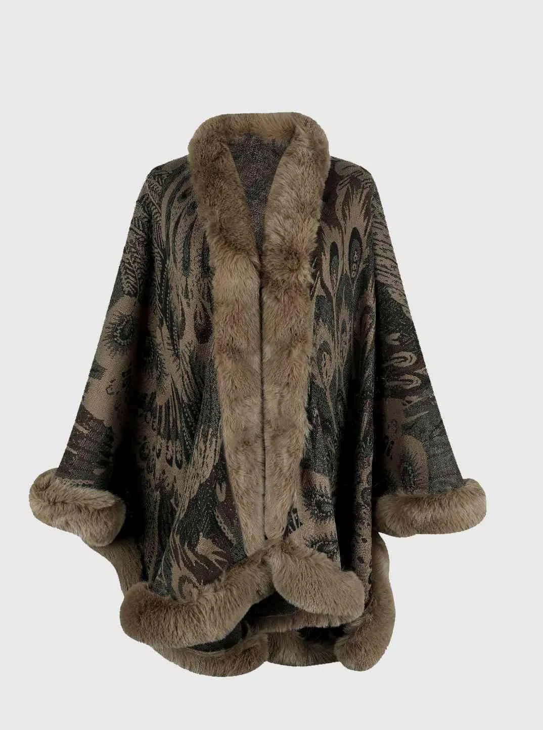 Luxurious Feel Open Front Faux Fur Trim Poncho