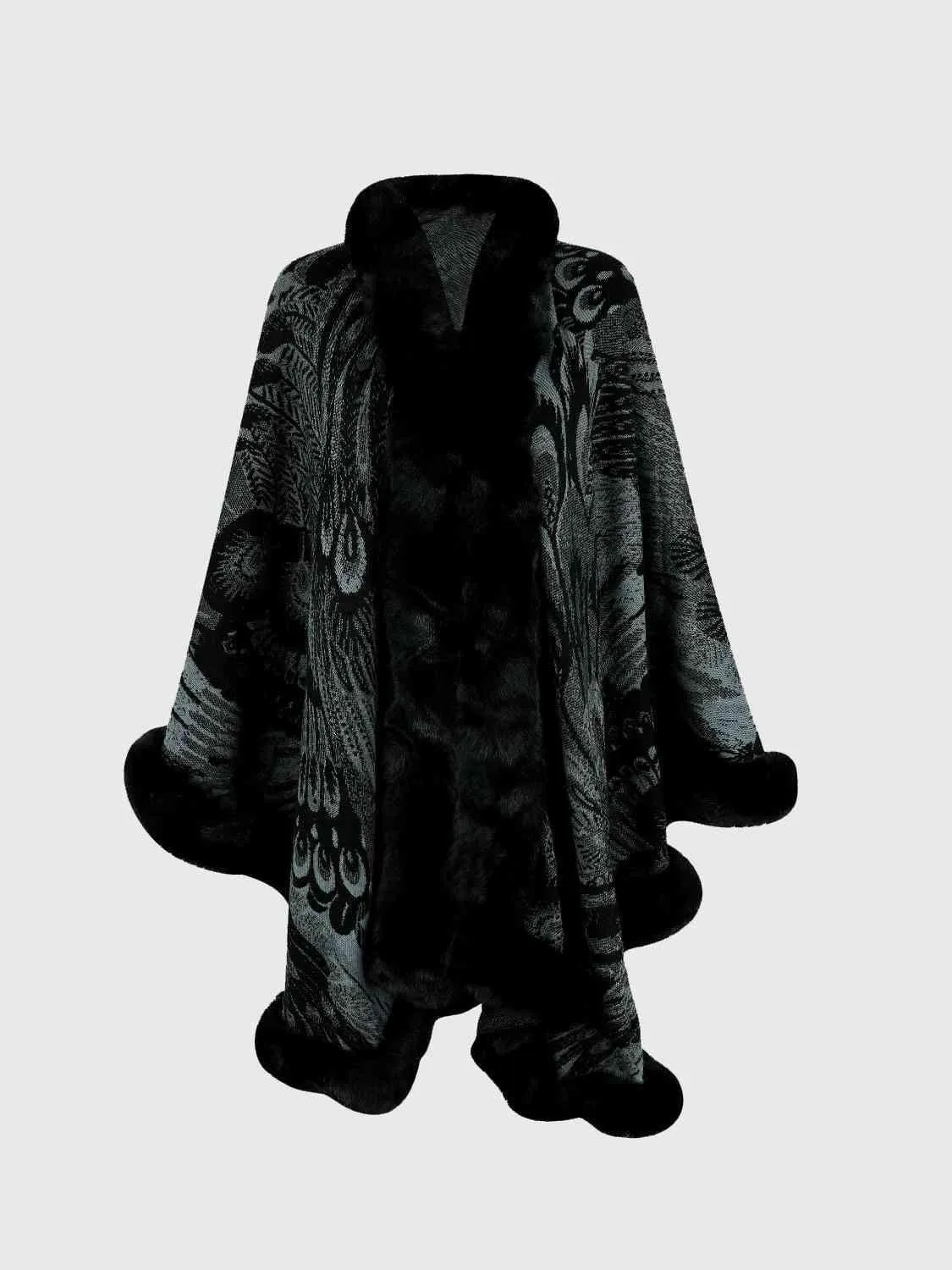 Luxurious Feel Open Front Faux Fur Trim Poncho