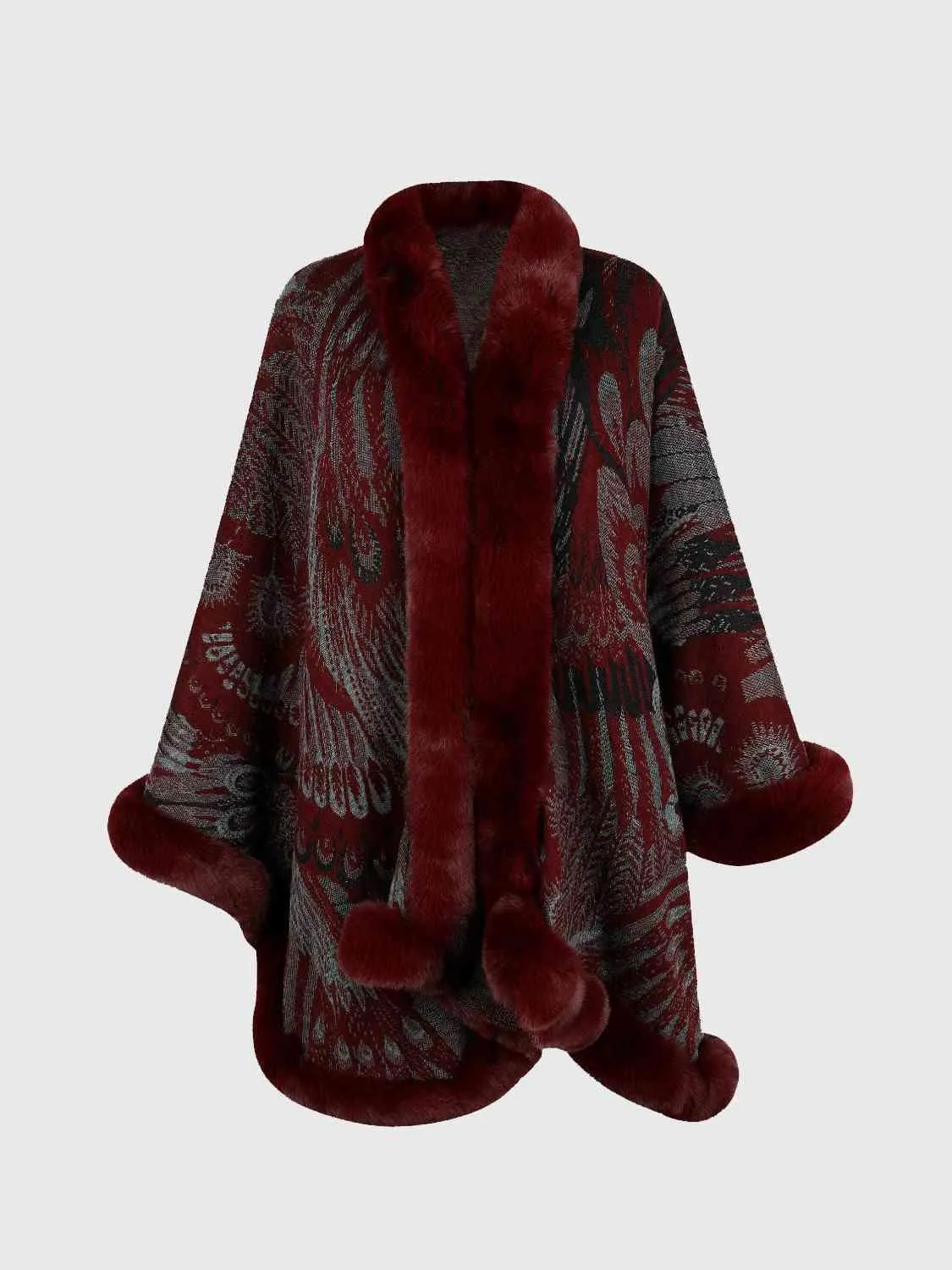 Luxurious Feel Open Front Faux Fur Trim Poncho