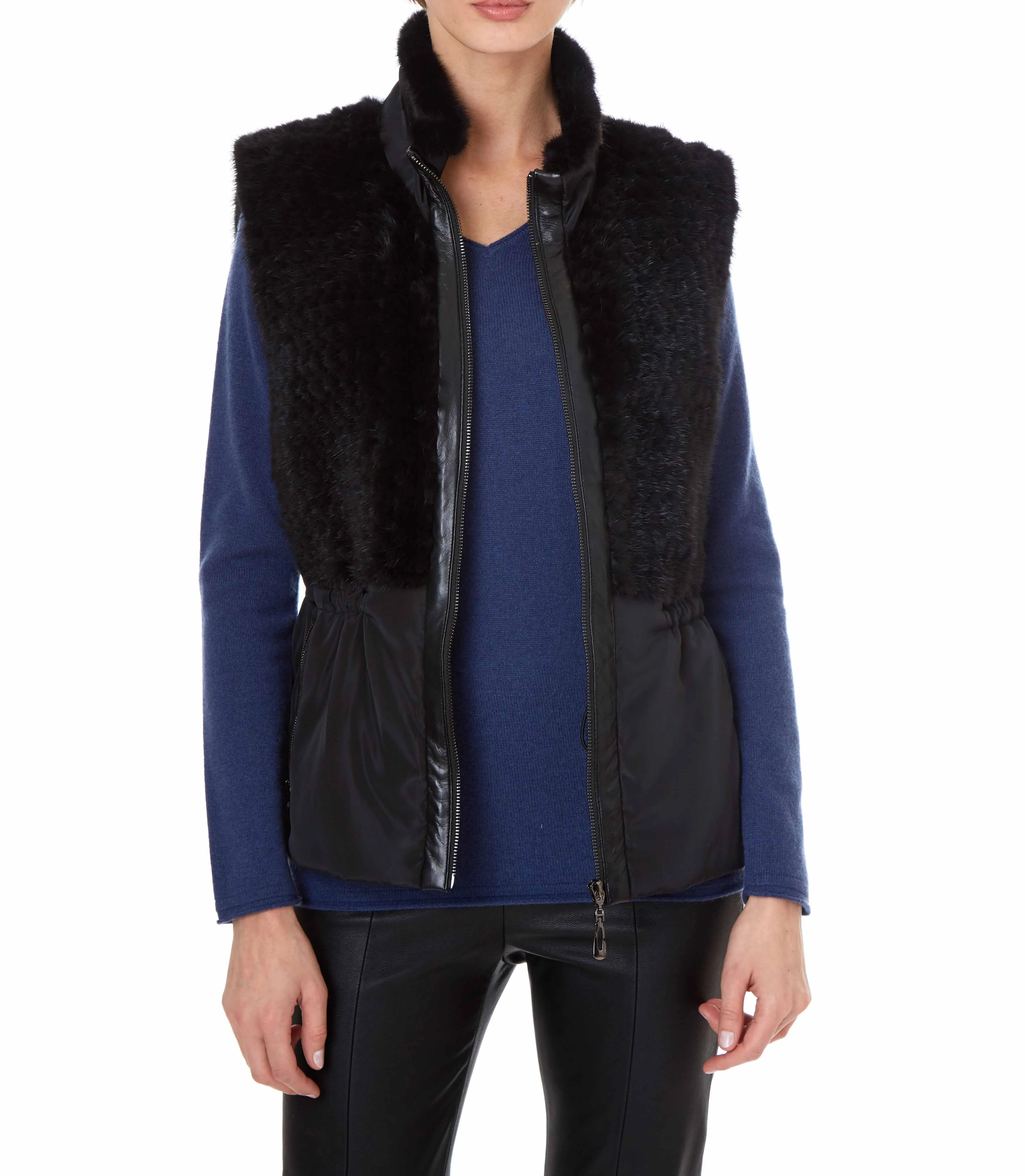 NYLON VEST WITH KNITTED MINK PANEL IN BLACK