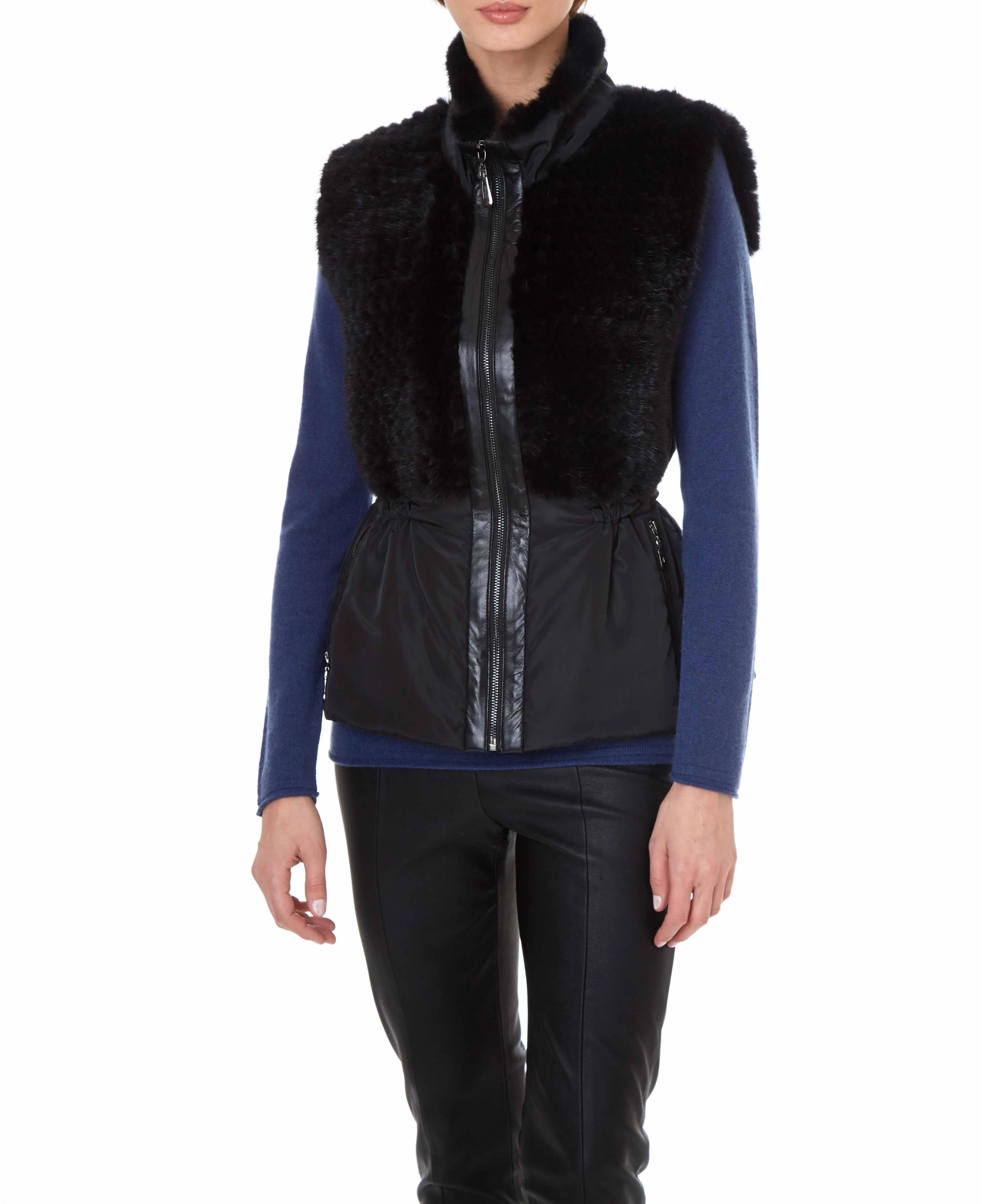 NYLON VEST WITH KNITTED MINK PANEL IN BLACK