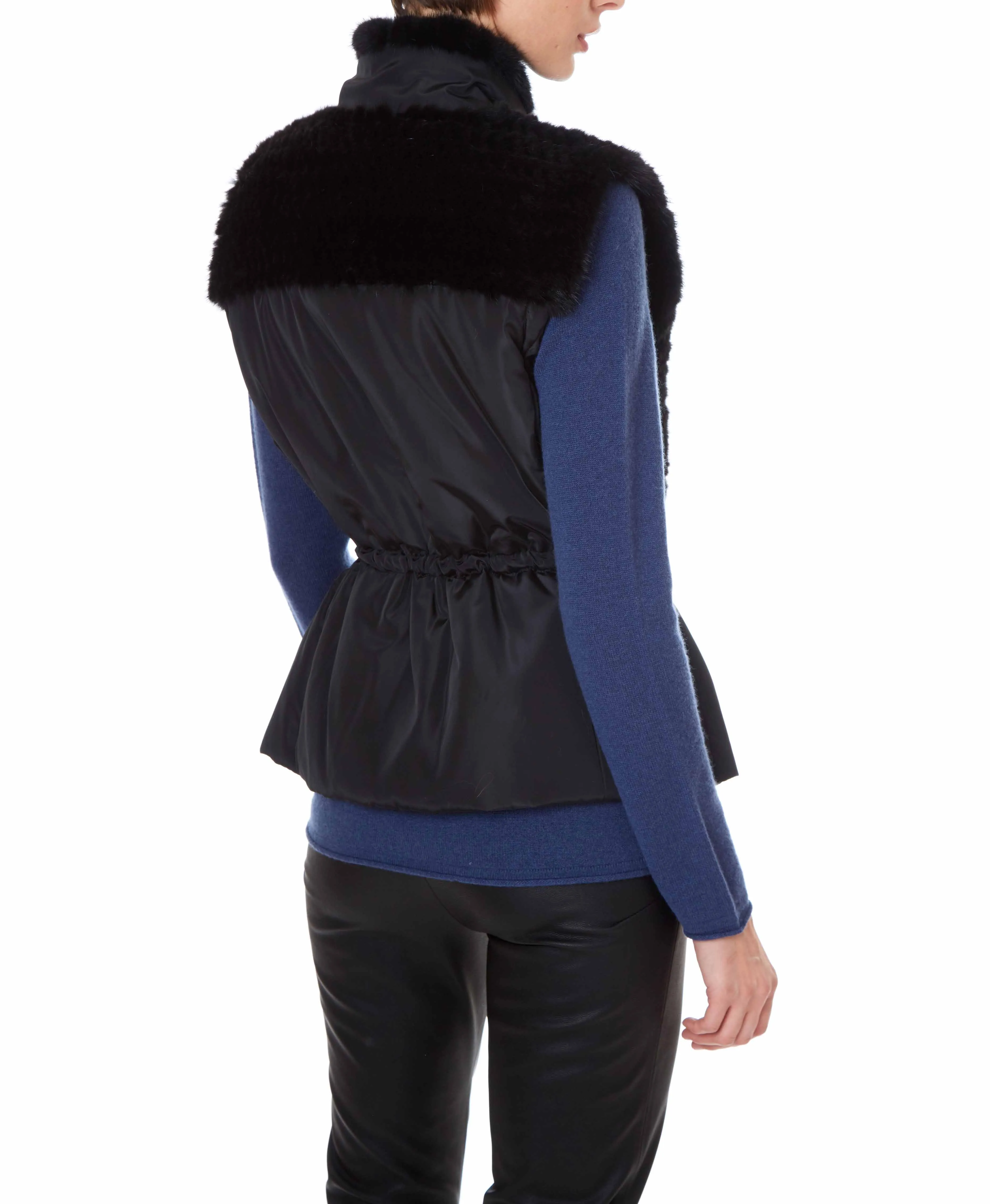 NYLON VEST WITH KNITTED MINK PANEL IN BLACK