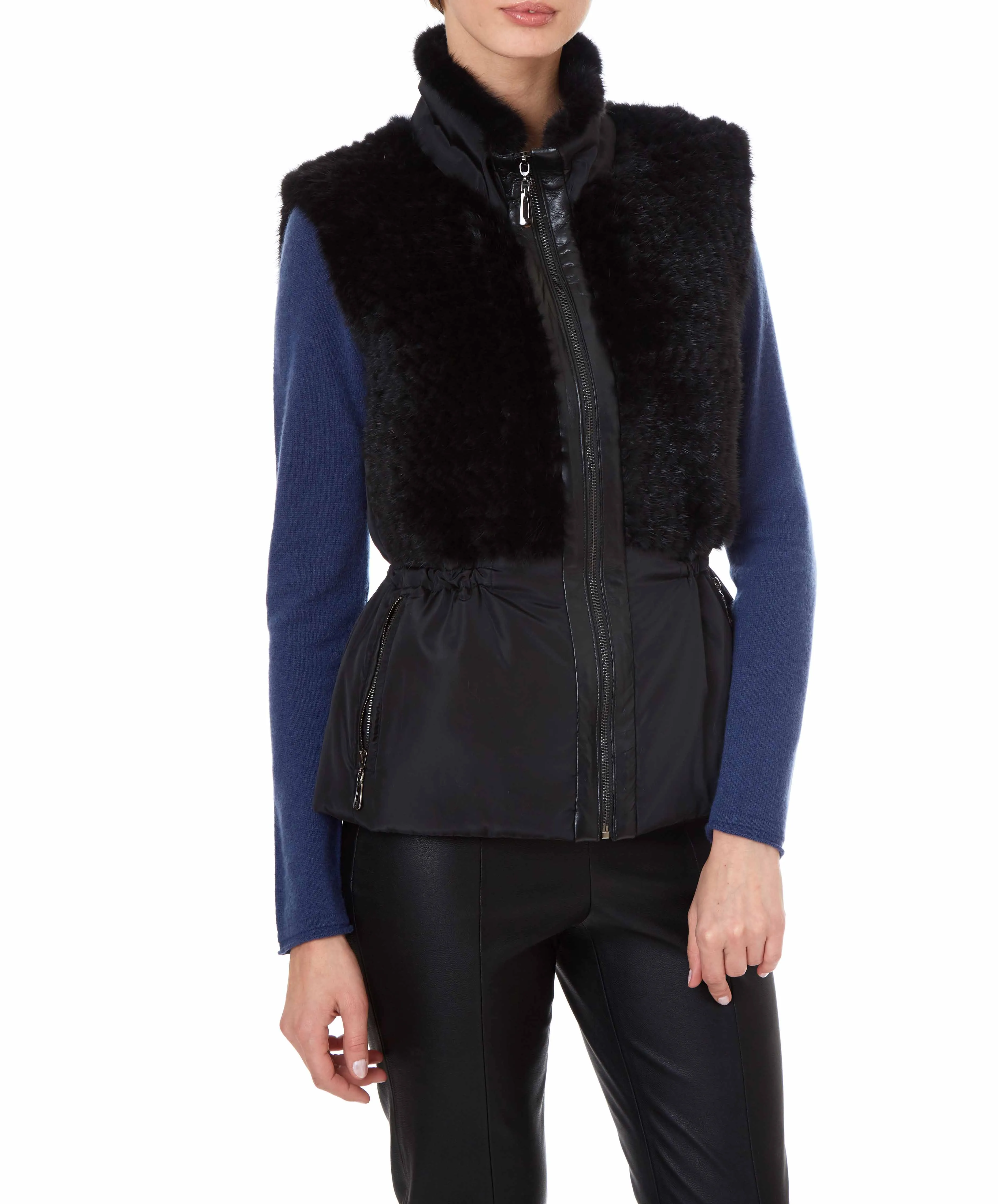NYLON VEST WITH KNITTED MINK PANEL IN BLACK