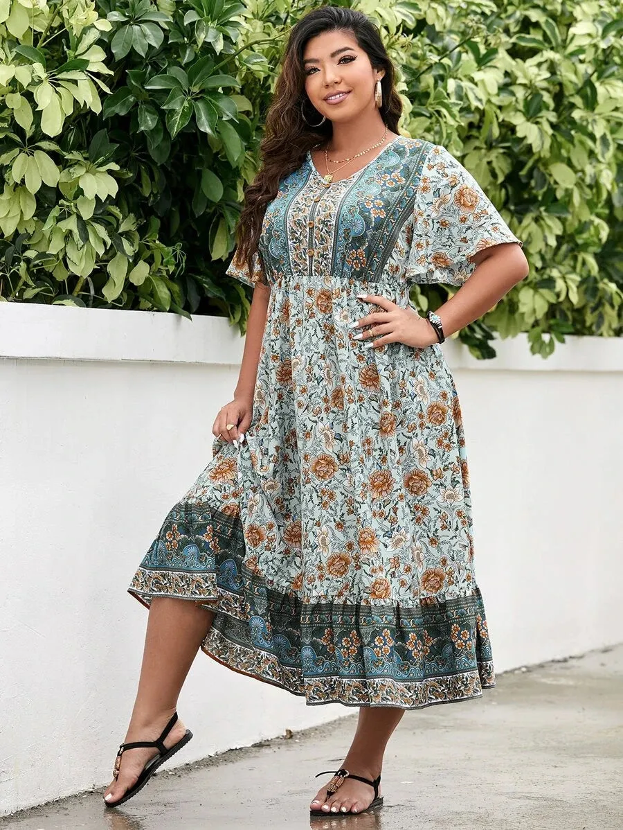Plus Floral Print Butterfly Sleeve Ruffle Hem Dress