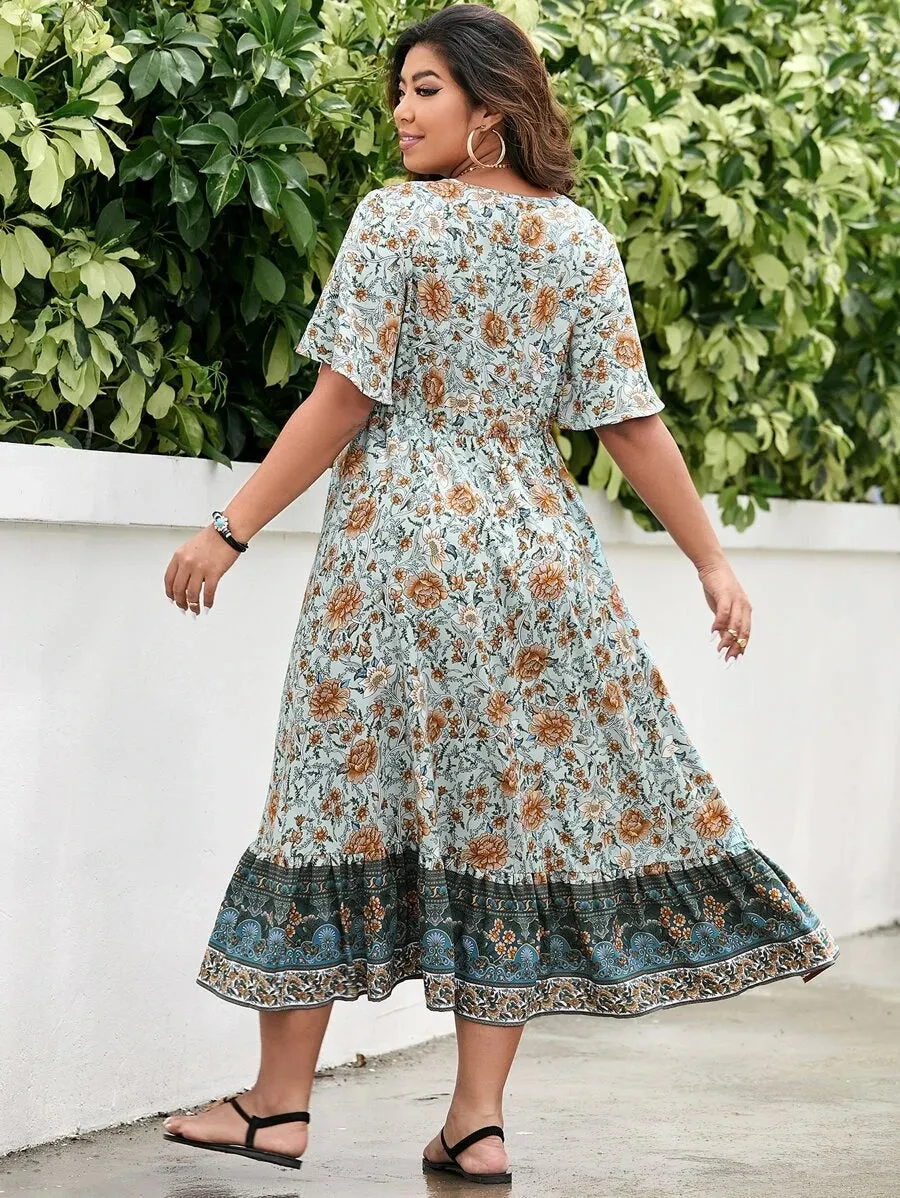 Plus Floral Print Butterfly Sleeve Ruffle Hem Dress