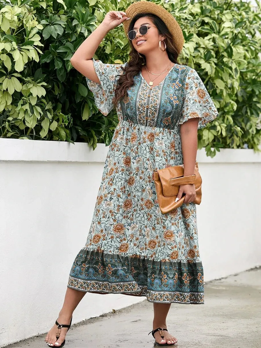 Plus Floral Print Butterfly Sleeve Ruffle Hem Dress