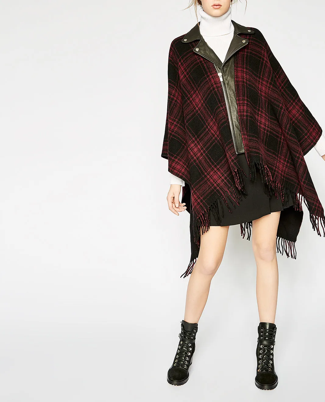 Poncho rouge carreaux col biker cuir