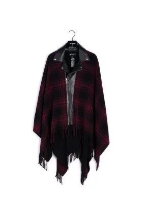 Poncho rouge carreaux col biker cuir