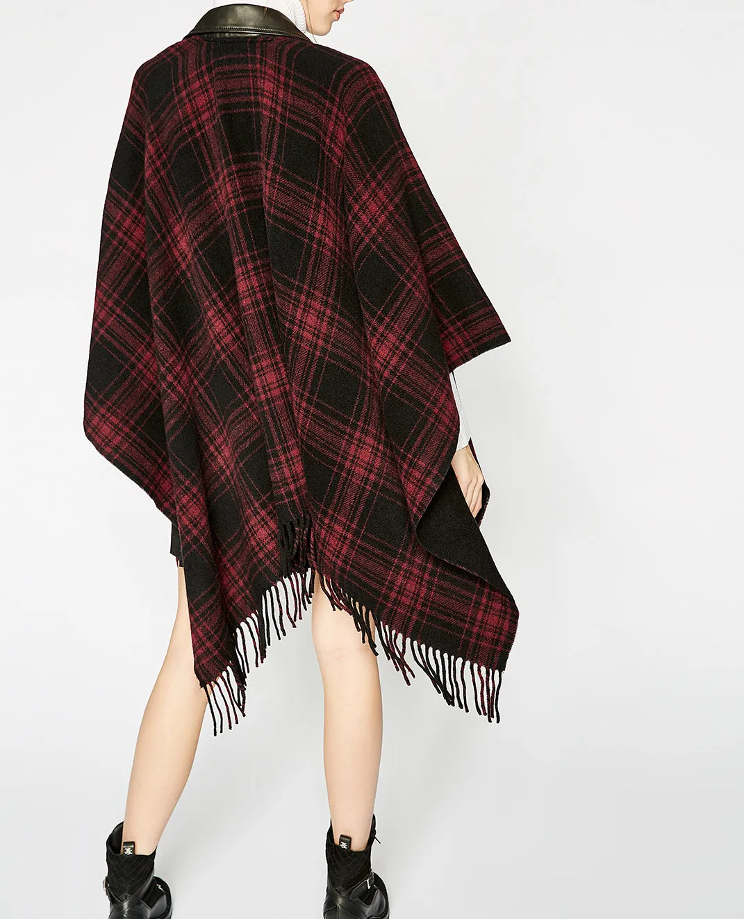Poncho rouge carreaux col biker cuir