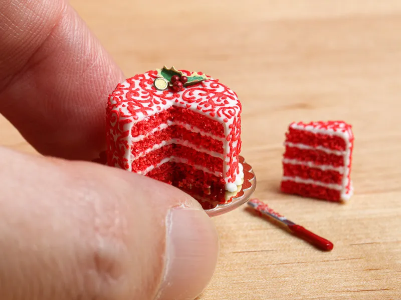 Red Velvet Layer Cake with Slice for Christmas Decorated with Holly, Arabesque Swirls - 12th Scale Miniature Food