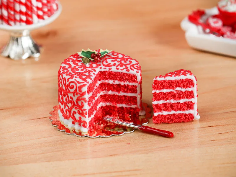 Red Velvet Layer Cake with Slice for Christmas Decorated with Holly, Arabesque Swirls - 12th Scale Miniature Food