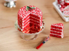 Red Velvet Layer Cake with Slice for Christmas Decorated with Holly, Arabesque Swirls - 12th Scale Miniature Food
