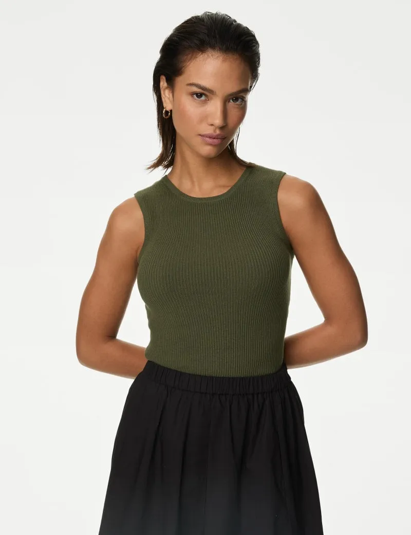 Ribbed Crew Neck Knitted Vest