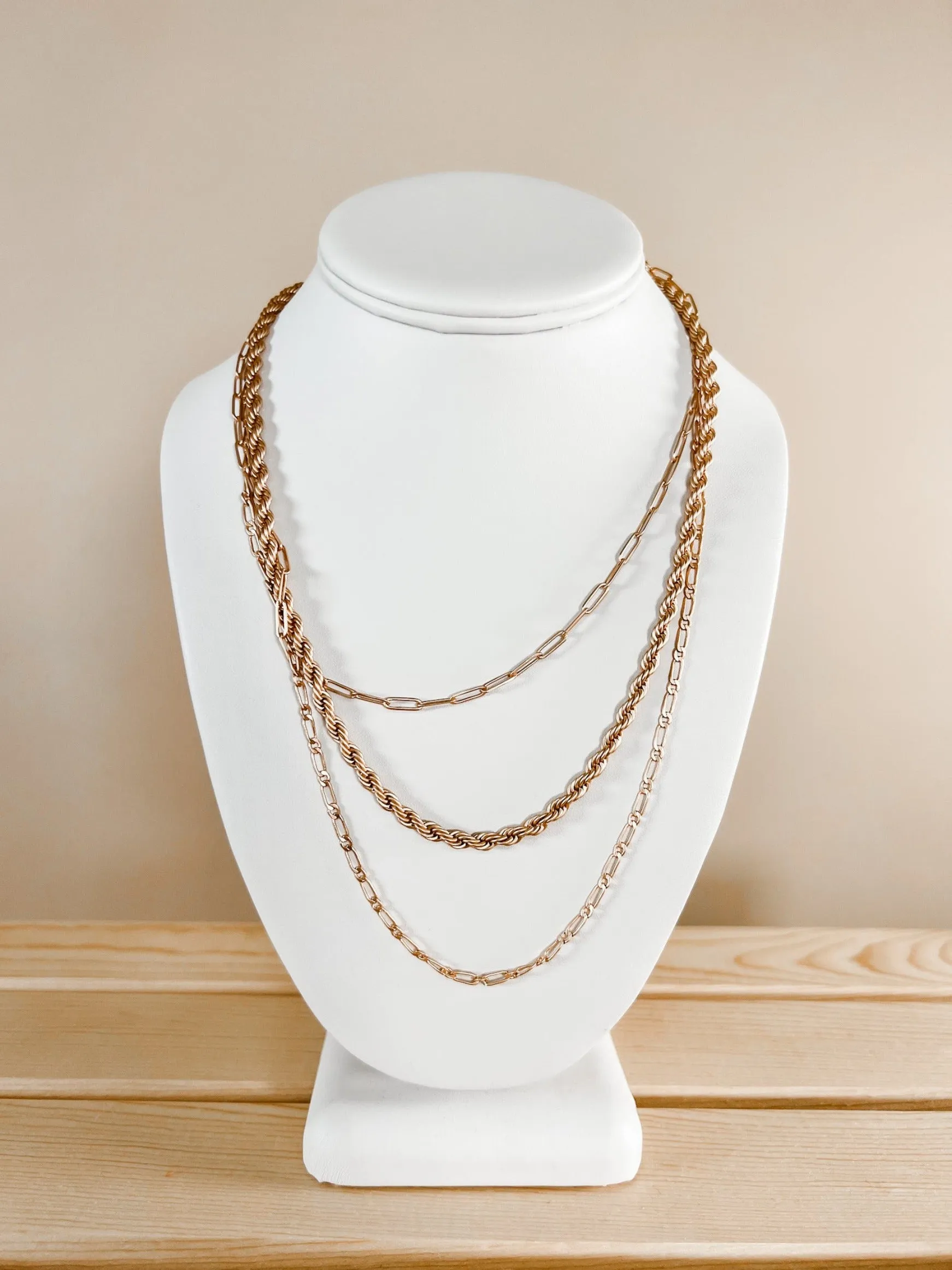 Scottie Triple Chain Necklace, Matte Gold