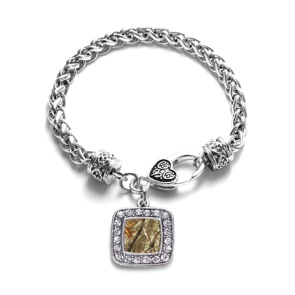 Silver Brown Hunting Pattern Square Charm Braided Bracelet